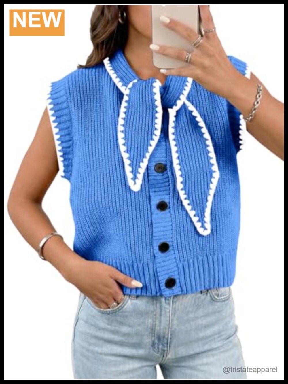 Sleeveless Sweater Vest Tie Front Color Block Button Down Knit Tank Top
